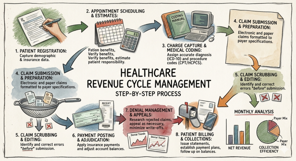 Revenue Cycle Management process chart showing patient registration, billing, coding, claims submission, and payment collection